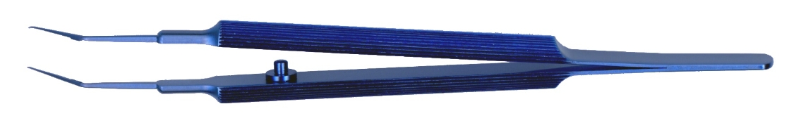 Utrata Capsulorhexis Forceps, Titanium, Angled, Extremely Thin Shafts with Six Laser Lines at 1mm Increments, 11mm Bend To Tip, Triangular Grasping Tips, Round Handle, Longitudinal Grooves, Overall Length 4" (105mm) 